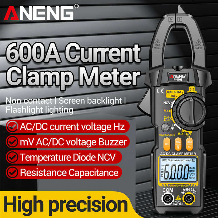Black - NEW ANENG PN108 Clamp Meter High-Precision AC/DC Voltage Current Tester 600A 600V Auto Power