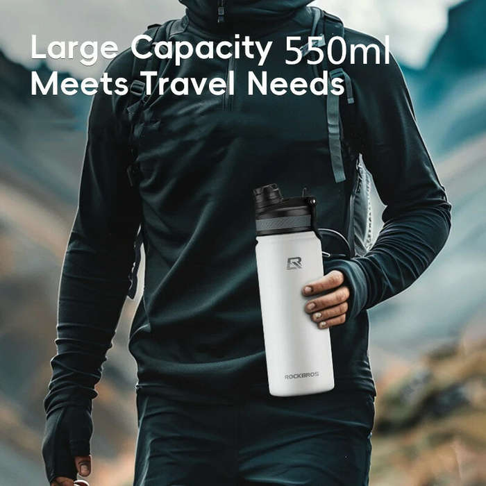 Black - ROCKBROS 550ml Thermal Water Bottle Sports Water Bottle Non Slip 304 Stainless Steel Cold An