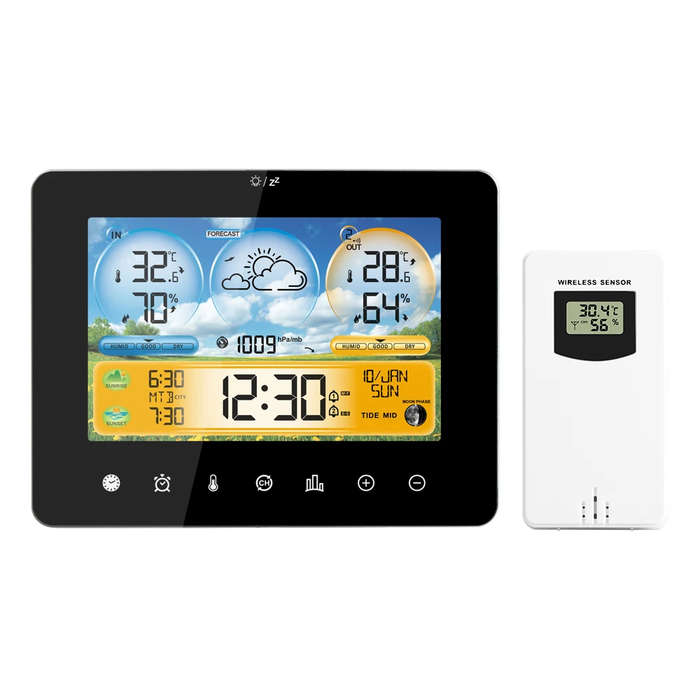 Black - Multifunctional Touchscreen Weather Station Alarm Clock Wireless Weather Station Color Scree