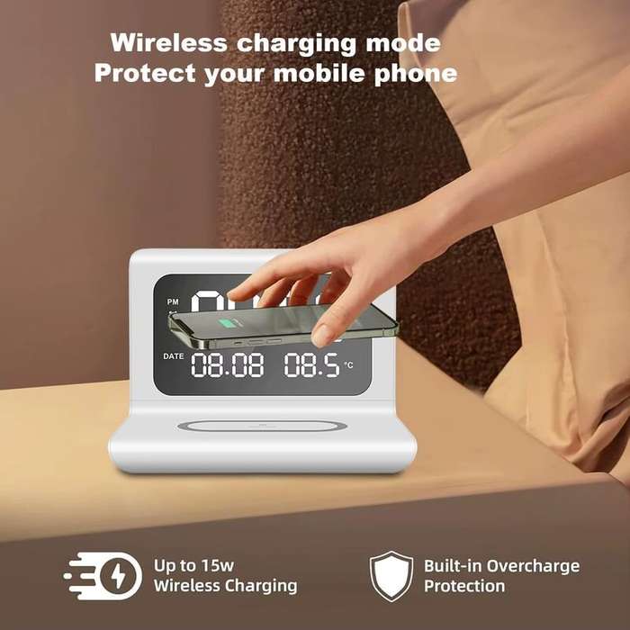 Black - 15W Wireless Charger Pad Stand with Alarm Clock and Thermometer Fast Charging Station for iP