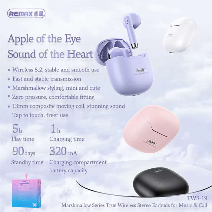 White - REMAXTWS-19 TWS Earbuds bluetooth Earphone 13mm Copper Coils Bass 25H Playback Low Game Dela