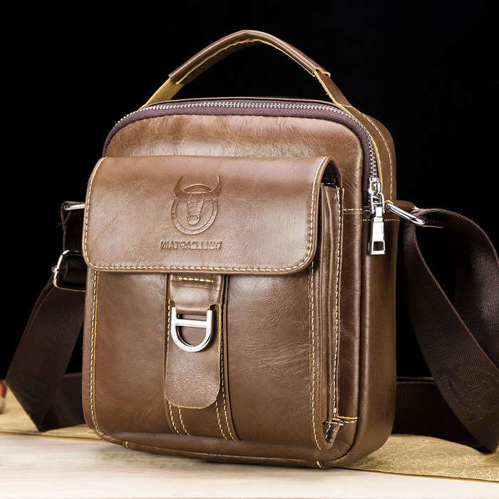 Coffee - BULLCAPTAIN Genuine Leather Men's Messenger Bag Casual Crossbody Handbag Gift for Man Busin