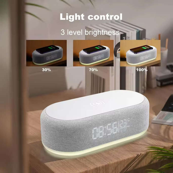 White - 4-In-1 Desktop Clock USB Wireless Charging Night Light Thermometer Alarm Clock Wireless Char