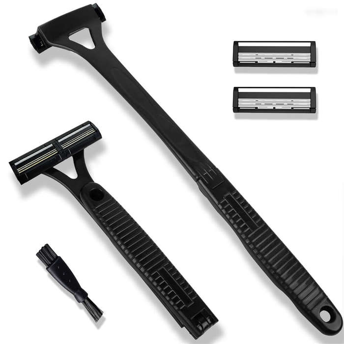 Blue - Adjustable Foldable Long Handle Triple-blade Back Hair Shaver Ergonomic Design Waterproof Eas