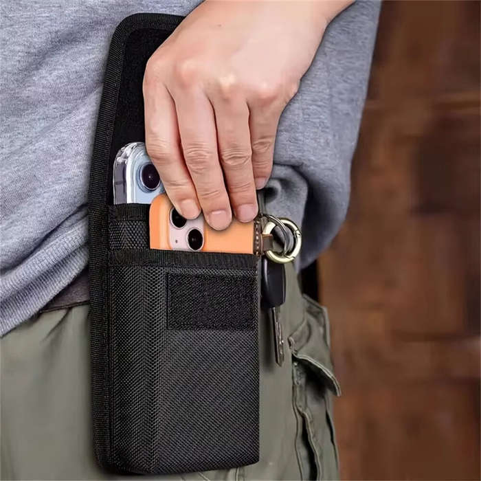 Black - 7.5'' Universal Phone Waist Bag Portable Nylon Dual Pocket Wear Belt Waist Packs Protective