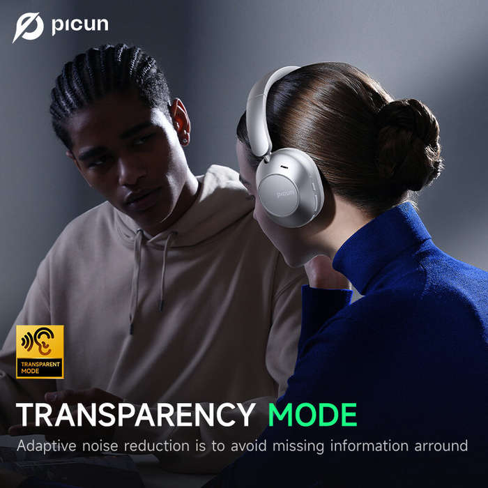 Silver - Picun F6 Wireless bluetooth Headset ANC Headphone -50dB Active Noise Cancelling 45mm Dynami