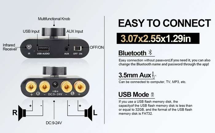Black - X50H Audio Amplifier 2.0 Channel 20W+20W Bluetooth Amp with Remote Control Supports Bluetoot