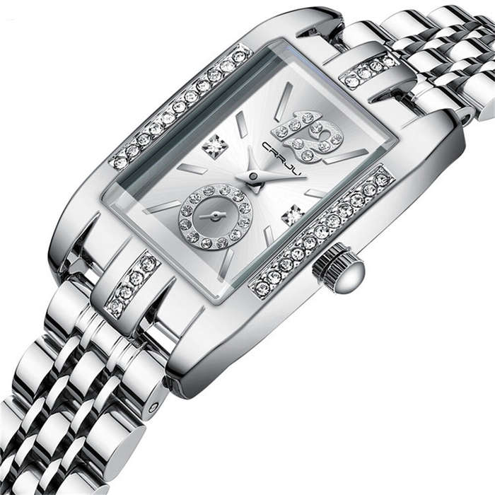 Red - CRRJU Women's Quartz Watch Elegant Rhinestone Rectangular Dial Waterproof Stainless Steel Stra