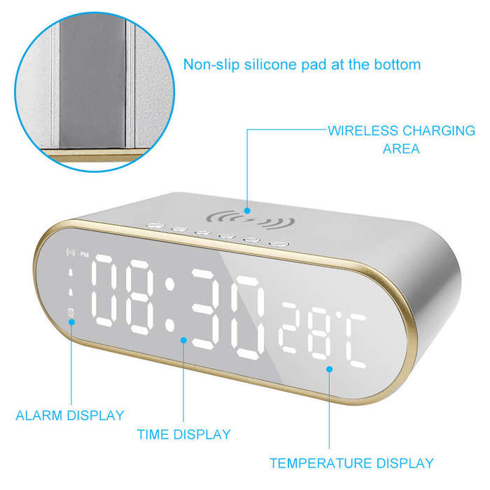 Black - LED Mirror Digital Alarm Clock Support Phone Wireless Charging 2 Alarm Group Snooze Function