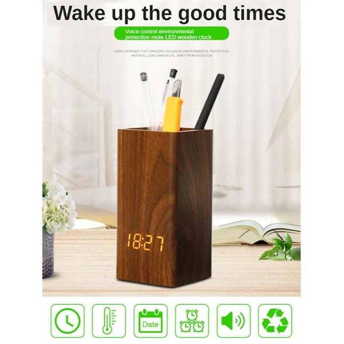 Brown - Creative Wooden Pen Holder Clock USB Voice Control Digital Pen Holder Alarm Clock LED Pencil