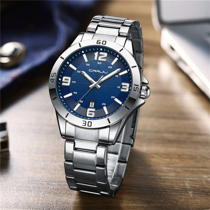 Black+Gold - CRRJU Luxury Men's Business Watches Fashion Stainless Steel Quartz Watches Auto Date Lu