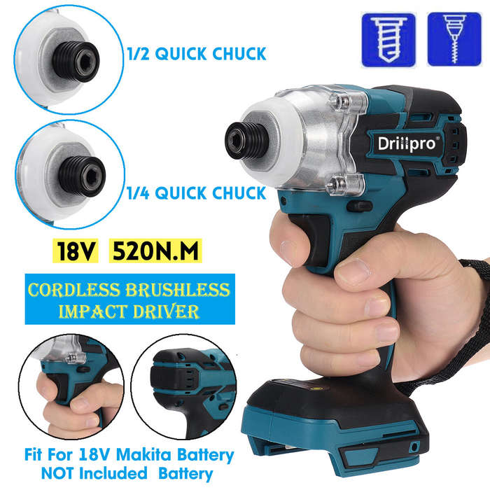 Drillpro 18V 520N.m Cordless Brushless Power Impact Drivers Electric Screwdriver Drill Stepless Spee
