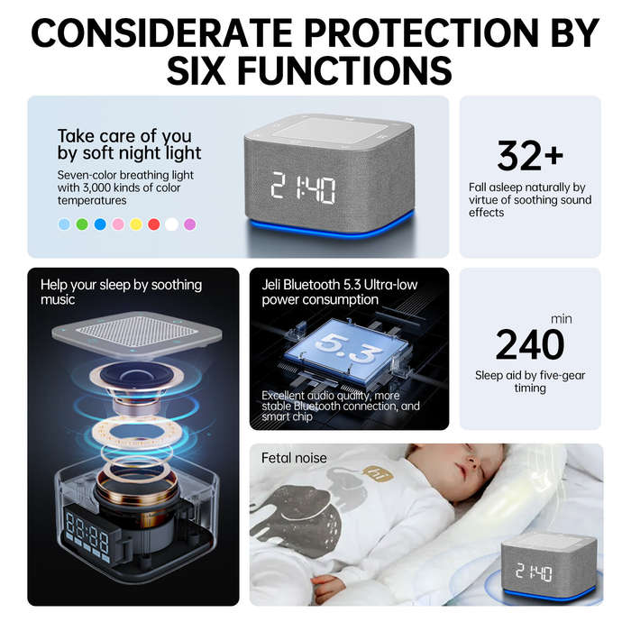 Gray - 800mAh White Noise Sleep Aid Alarm Clock 8-Color Night Light 32 Soothing Sounds White Noise w