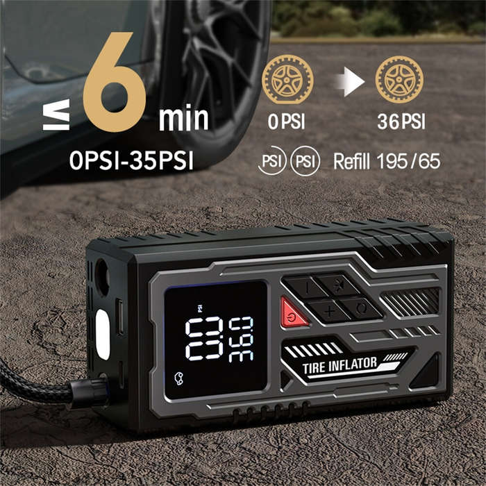Black - ATJ-026 Portable Wireless Tire Inflator 150 PSI Max 4000mAh Battery Fast Inflation Digital D