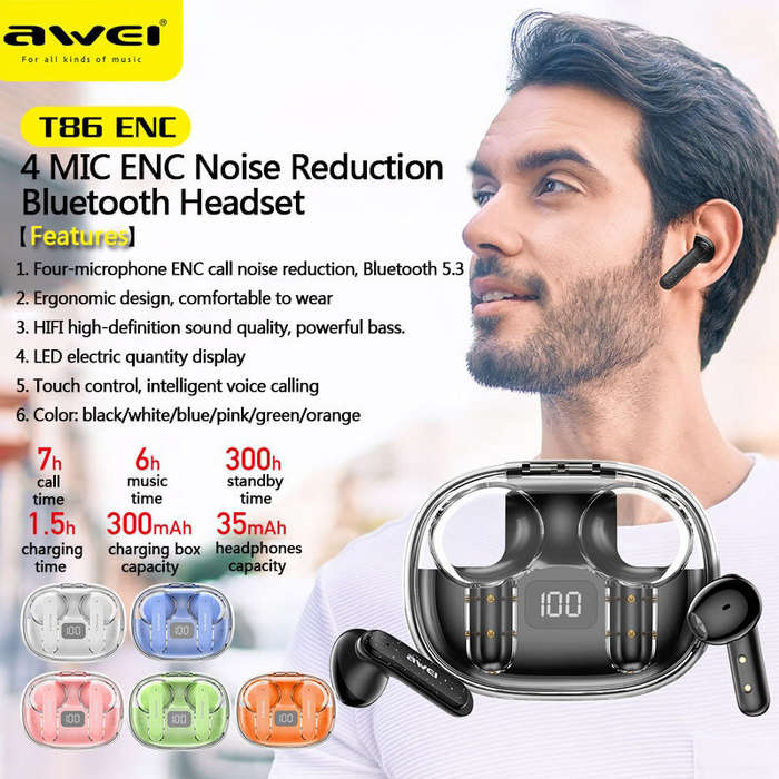 AWEI T86 TWS bluetooth 5.3 Earphone LED Digital Display 10mm Drive Unit HiFi Stereo Deep Bass ENC No