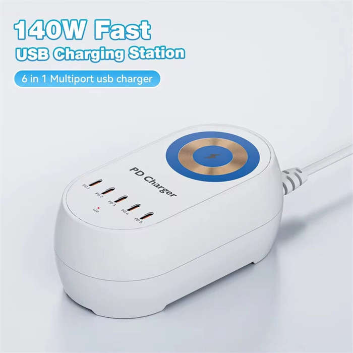 US Plug - [GaN Tech] Bakeey 140W 5-Port USB PD Charger Desktop Charging Station with 15W Wireless Ch
