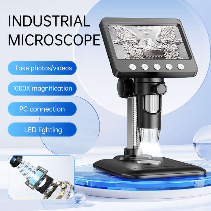 Black - 4.3 Inch Digital Microscope 50X-1000X Magnification 2 Million Pixel HD Camera 8 LED Lights P