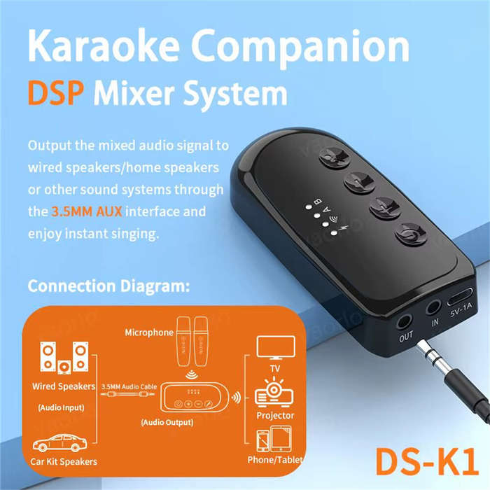 Black - DSK1 Wireless Karaoke Companion Bluetooth 5.3 Dynamic Microphone KTV DSP Mixer System 3.5MM
