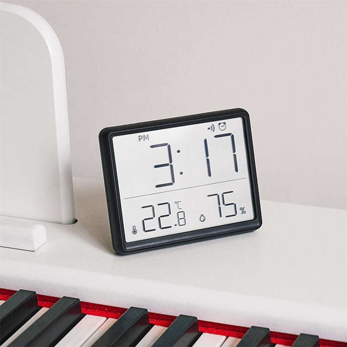 Black - LCD Digital Alarm Clock Large Display with Temperature Humidity Monitor Multi-functional Mag