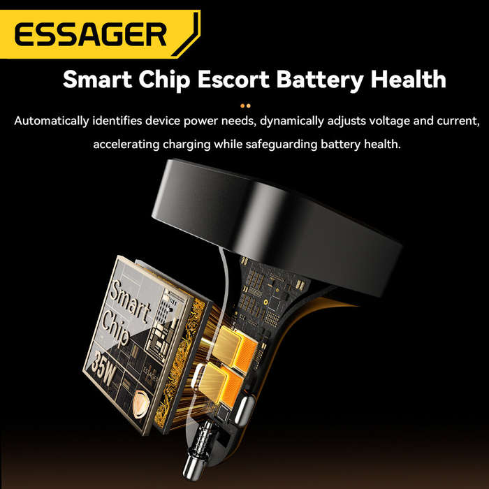 Black - ESSAGER F760 65W 3-Port USB PD Car Charger Adapter with USB-A+Type-C+Type-C Retractable Cabl