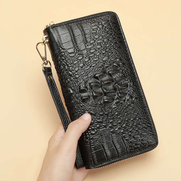 Black - Ekphero Genuine Leather Crocodile Texture Wallet Unisex Long Business Handheld Bag Zipper Ca