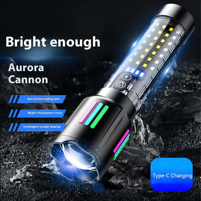 Black - Longe Range Telescopic Zoom Whtie Spotlight LED Flashlight with Bright COB Floodlight Type-C