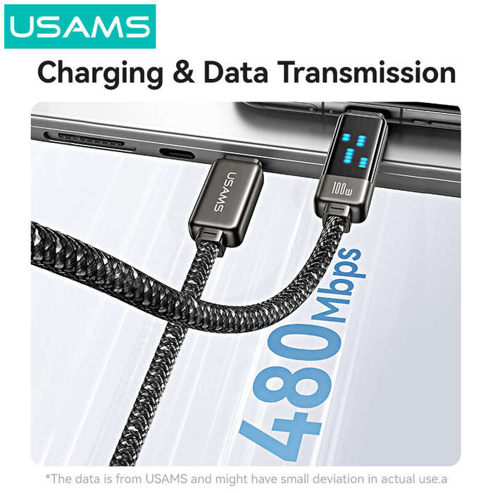 100W - USAMS SJ744 100W Type-C to Type-C Meteor Light Display Cable Fast Charging Data Transmission