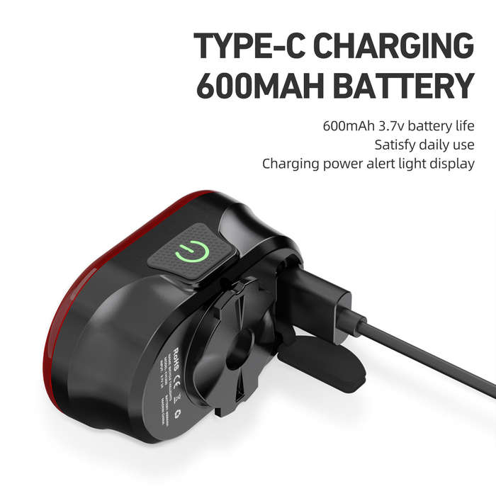 Black - CYCLAMI CY200 Smart Bike Brake Sensing Rear Light 600mAh Battery IPX6 Waterproof LED Chargin