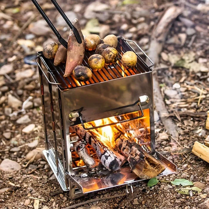 Silver - IPRee Folding Stainless Steel Oven Portable Wood Burner Camping Wood Stove Mini BBQ Grill C