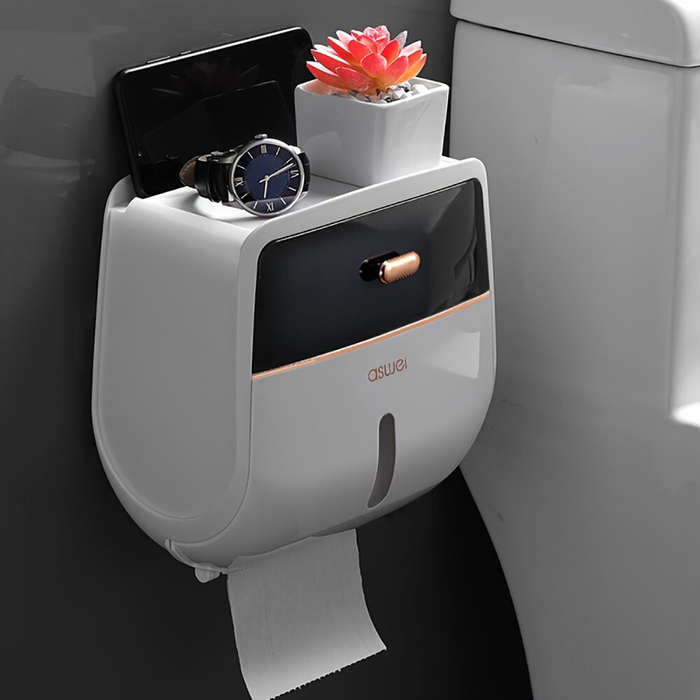 Black - Bathroom Organizer Shelf Wall Mount Toilet Paper Holder Large Capacity Wall-mounted Double-l