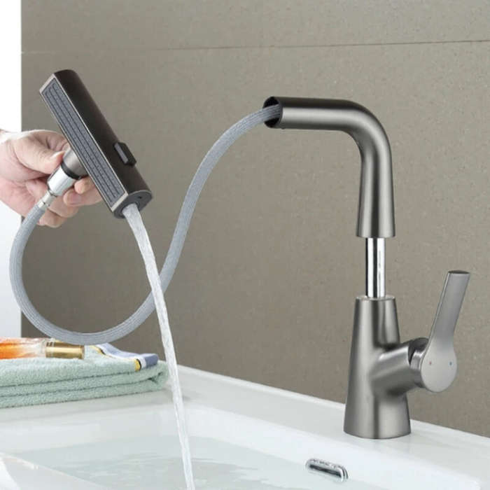 Electroplate - Pull Out Basin Faucet 360 Rotatable 304 Stainless Steel Kitchen Sink Mixer Tap with P
