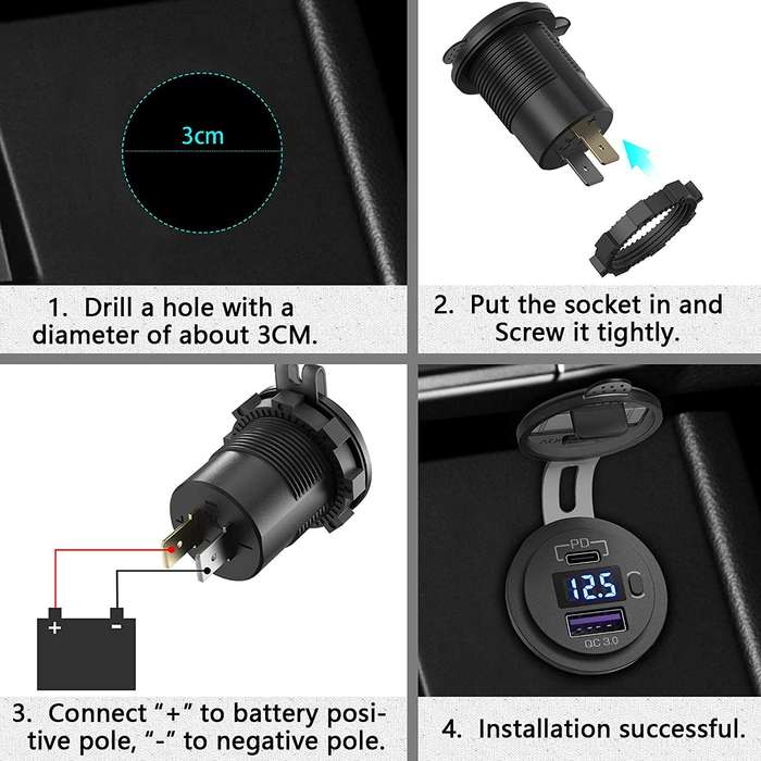 Green - 12-24V 48W Dual USB Car Charger Socket PD3.0&QC3.0 with LED Voltmeter ON/Off Switch Fast Cha