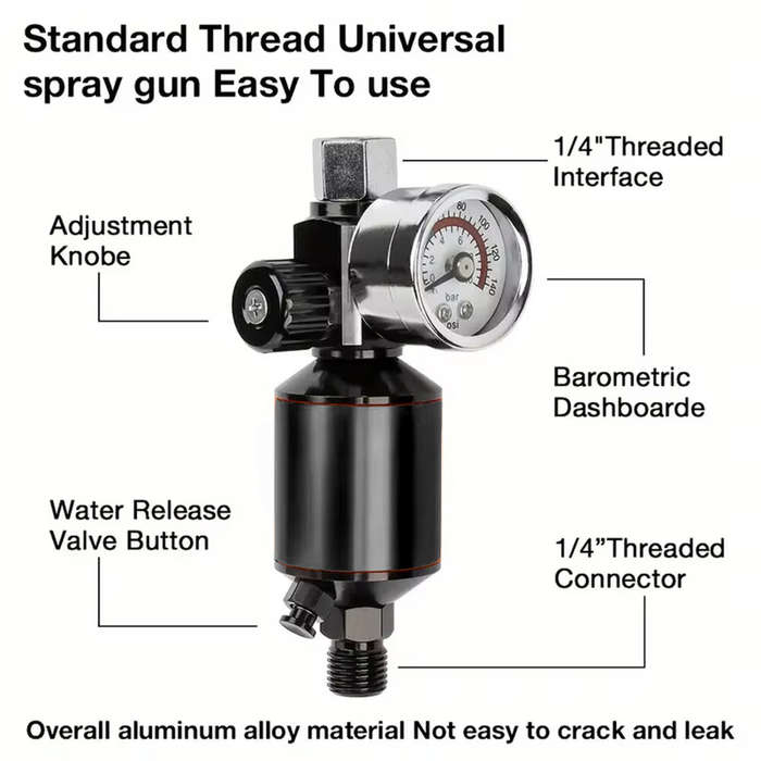 Black - High Pressure Aluminum Air Spray Gun Regulator 0-140PSI Adjustable Gauge 1/4 Inch Oil Water