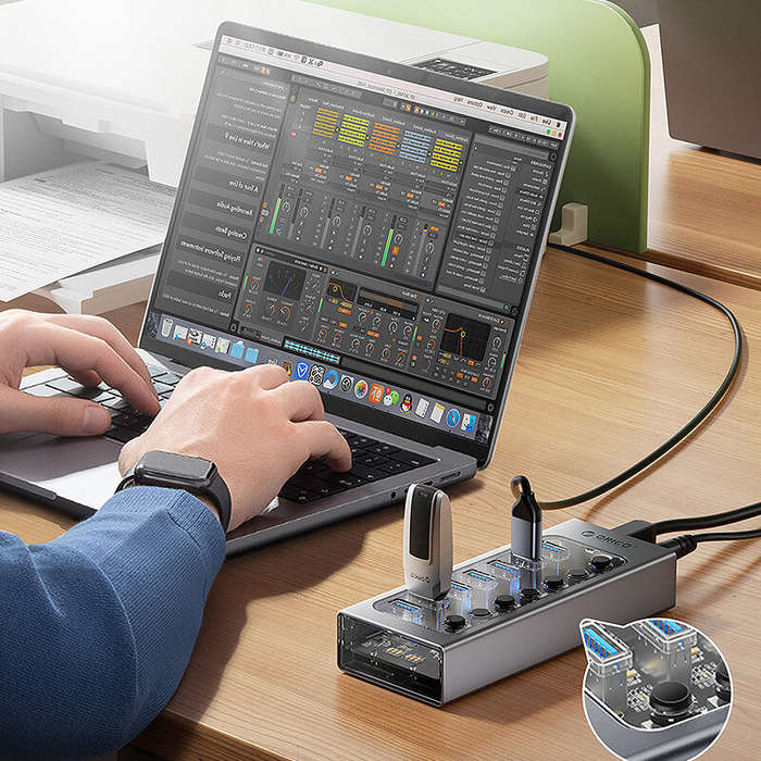 Grey - ORICO AT2U3 7-in-1 5Gbps USB 3.0 Hub Docking Station with Independent Power Switch 7xUSB-A Sp