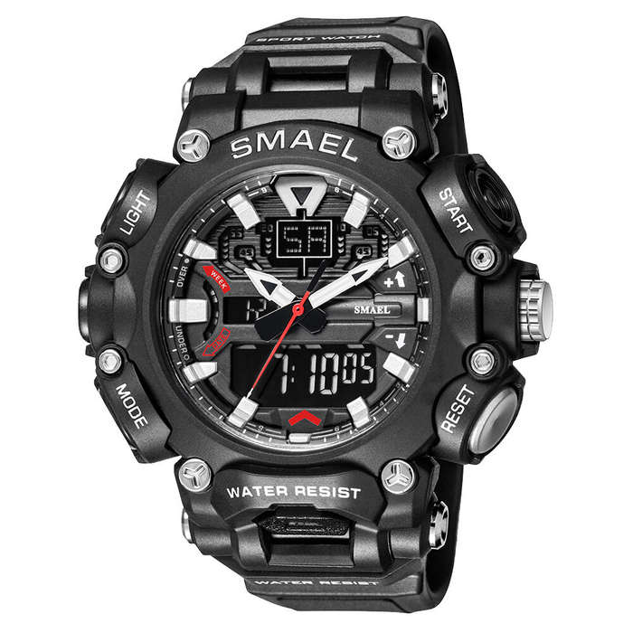 Black/Gold - SMAEL Men Sport Digital Dual Display Watch Multi-function LED Luminous Waterproof Date