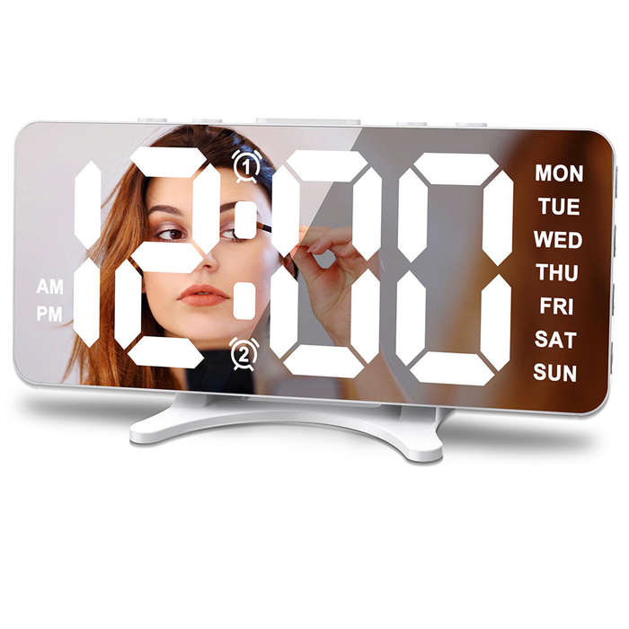 White - Smart LED Mirror Digital Clock Alarm Clock LED Digital Clock Auto Dimming Mirror Rechargeabl