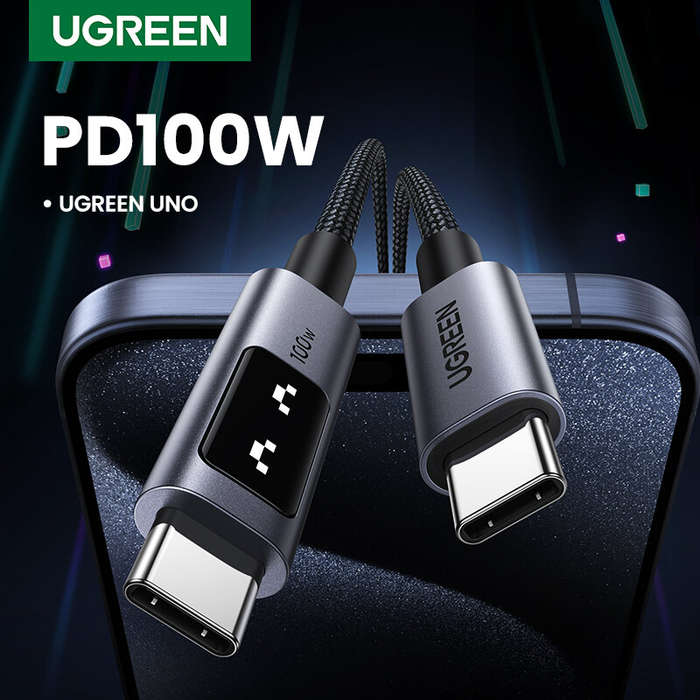 Black - Ugreen L512 5A PD100W Type-C to Type-C LED Display Cable PD3.0 Fast Charging Data Transmissi