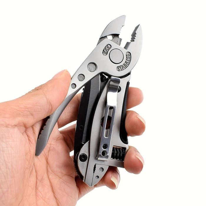 Silver - 6-in-1 Stainless Steel Multitool Adjustable Wrench Screwdriver Bits Saw Blade Knife Compact