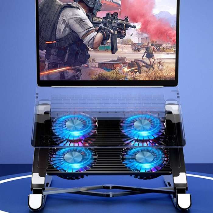 Silver - Foldable Alloy Laptop Stand with RGB Lights Silent 4-Fan Design for Portable Gaming Noteboo