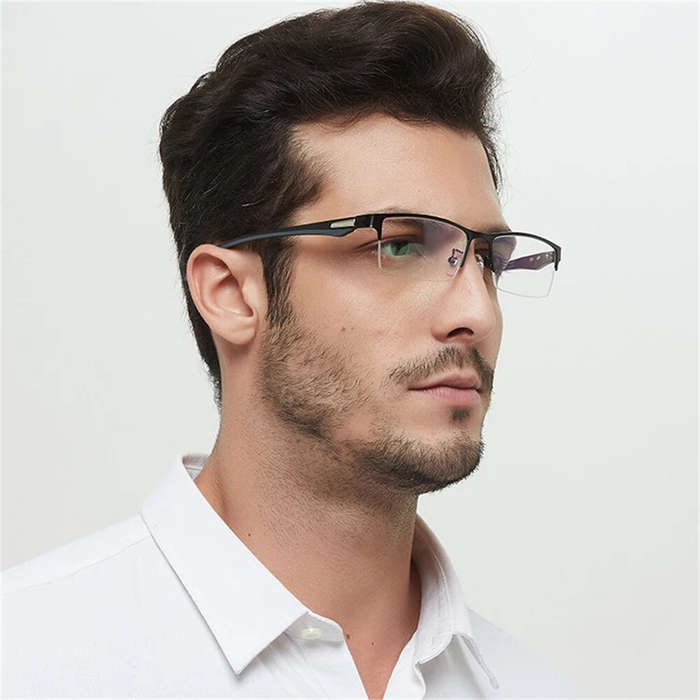 +300 - Anti-blue Light Ultra-light Mens Business Half Rimless Reading Glasses Metal Rectangular Pres