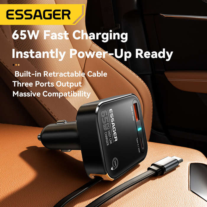 Black - ESSAGER F760 65W 3-Port USB PD Car Charger Adapter with USB-A+Type-C+Type-C Retractable Cabl
