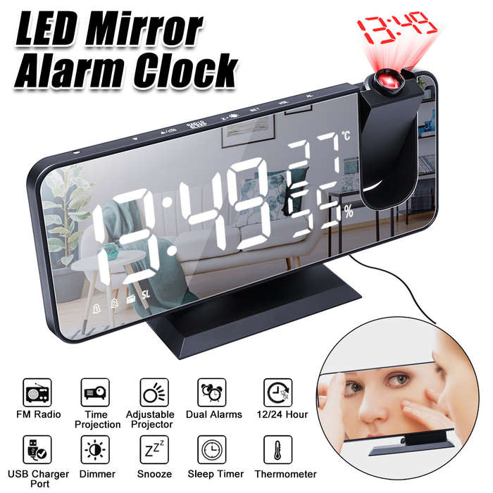 white/white - LED Mirror Alarm Clock Big Screen Temperature and Humidity Display with Radio and Time