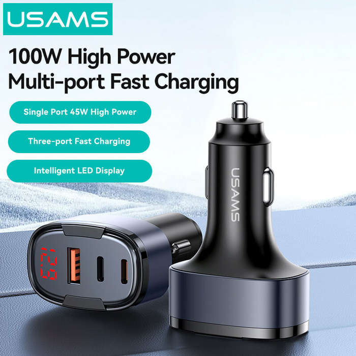 Black - USAMS CC257 C42 100W 3-Port USB PD Car Charger Adapter USB-A+USB-C+iP Support PD QC AFC SCP