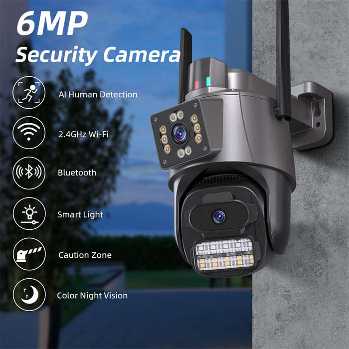 EU Plug - 3MP+3MP Dual Lens WiFi Security Camera 5X Zoom Dual Screen PTZ Camera ICSEE APP Outdoor Au