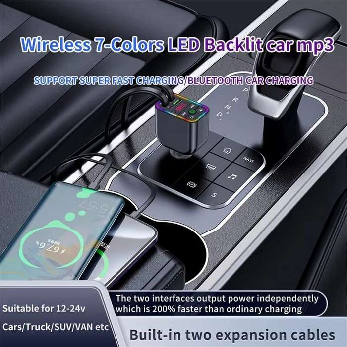 Black - Y3 Car Audio Transmitter Bluetooth Music Player with Retractable Charging Cable and Fast Car