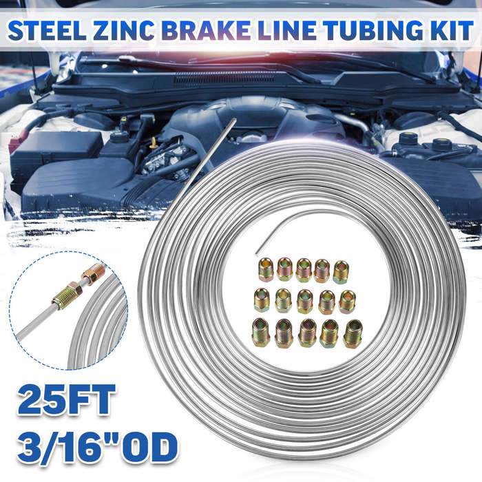 25Ft Coil Roll of 3/16"OD Steel Zinc Brake Line Fuel Tubing Kit with 15 Fittings Replacement Accesso