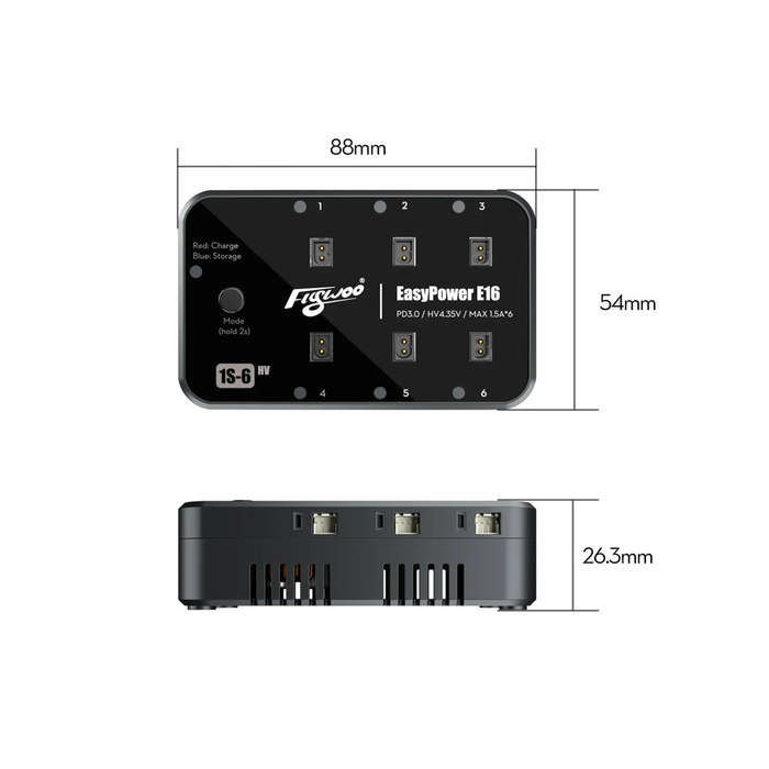 Black - Flywoo EasyPower E16 1S MAX 1.5A*6 45W PD3.0 Charger for 4.35V 1S-6 LiHV Battery Charge