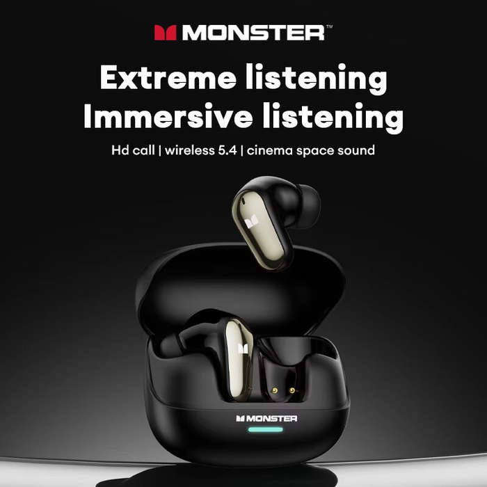 Black - Monster MQT52 TWS Wireless Earbuds bluetooth 5.4 Earphone 13mm Drivers 360 ACS Panoramic Sou