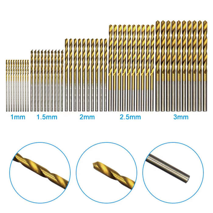 50PCS Titanium Plated Twist Drill Set 1-3mm Shank High Wear Resistance Small Drill Bits for Electric