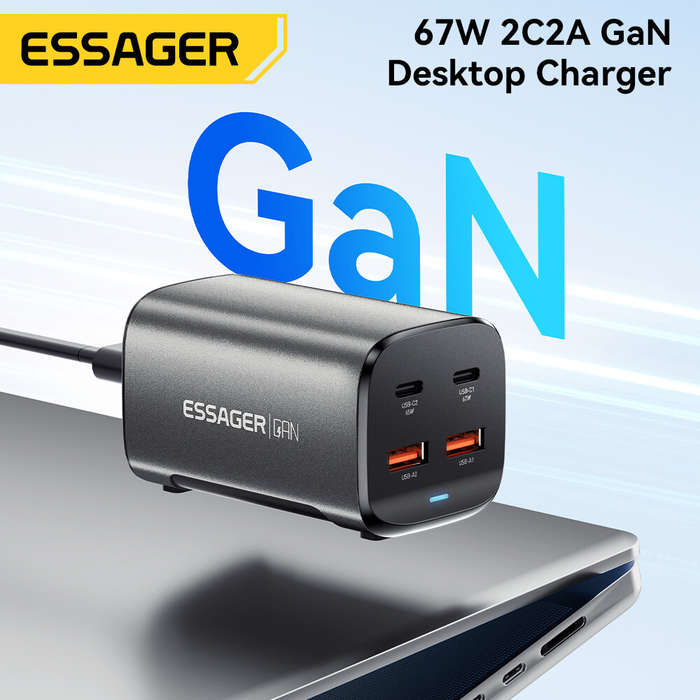 EU Plug - [GaN Tech] ESSAGER ES-CD35 67W 4-Port USB PD Charger 2USB-A+2USB-C PD3.0 QC4.0 AFC FCP SCP